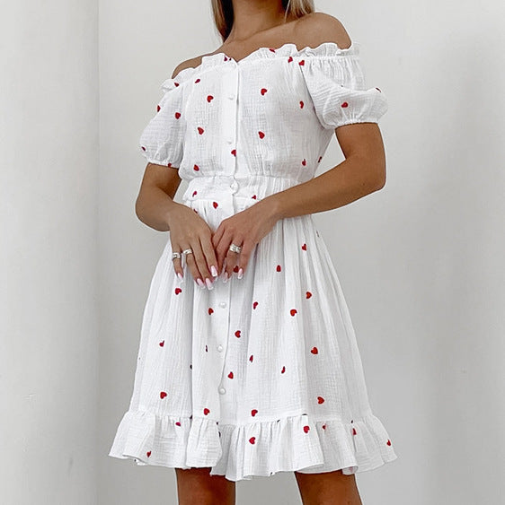2025 Spring new love printing cotton and linen one-word neck bubble sleeve high waist dress popular fashion short skirt women