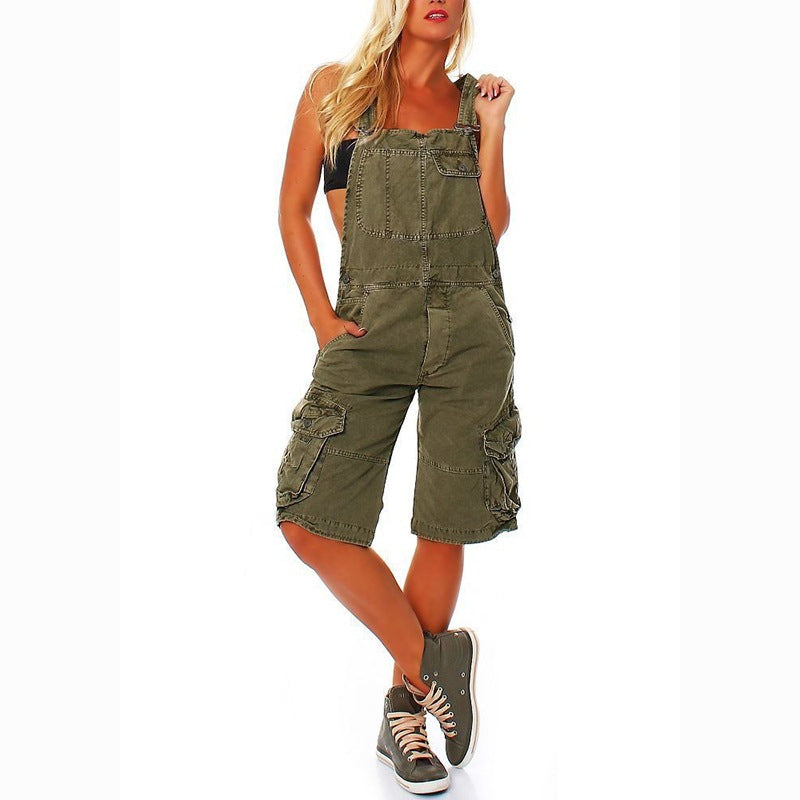 2024 U-Collar Strap Type Suspender Pants Women's Casual Fashion Double-Shoulder Strap Pocket Denim Shorts