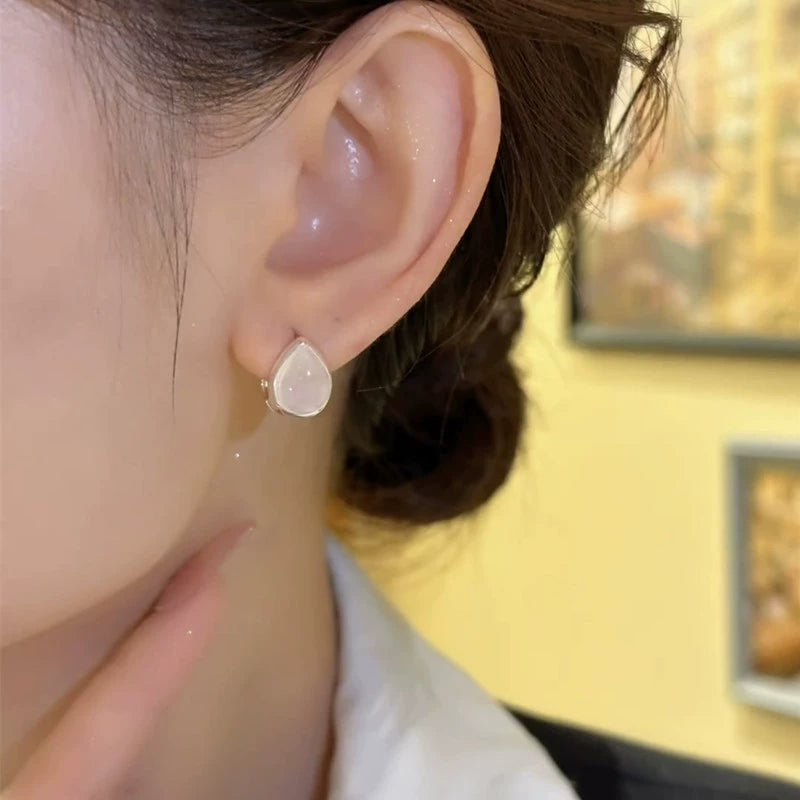 Niche design sense ice through opal double-sided water drop ear buckle exquisite versatile earrings temperament light luxury simple earrings