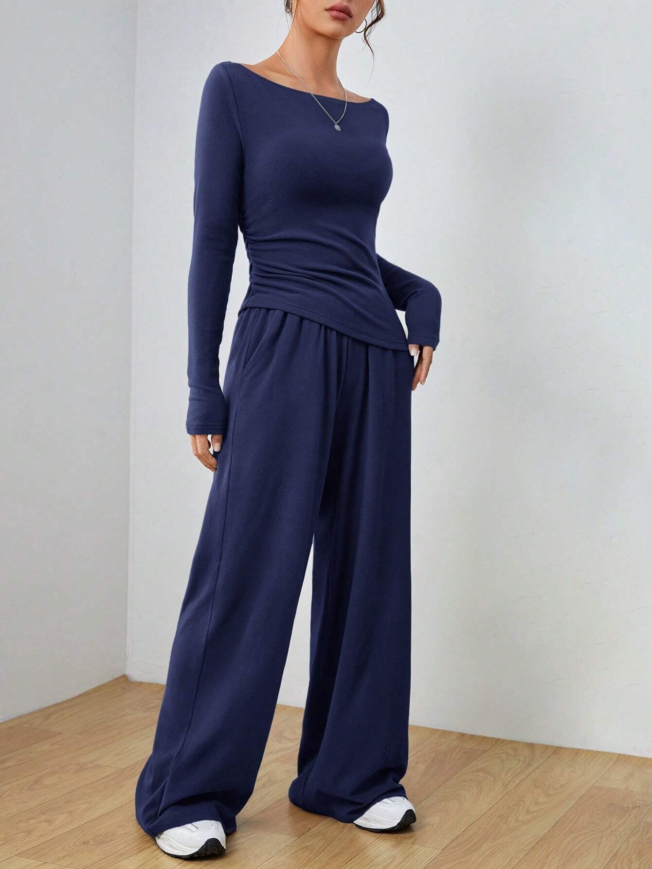 2025 autumn and winter New suit solid color long-sleeved casual wide-leg trousers fashion two-piece women's clothing
