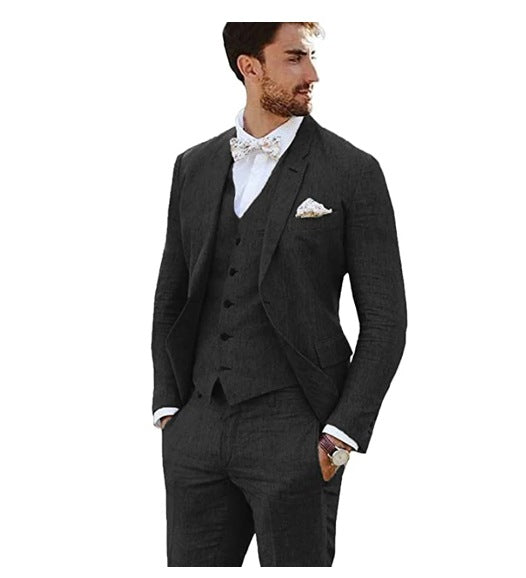 LOVECCR Men's Linen Slim Fit Suit Wedding Western Slim Fit 3 Piece Set Groom Swallowtail Best Men's Prom Suit