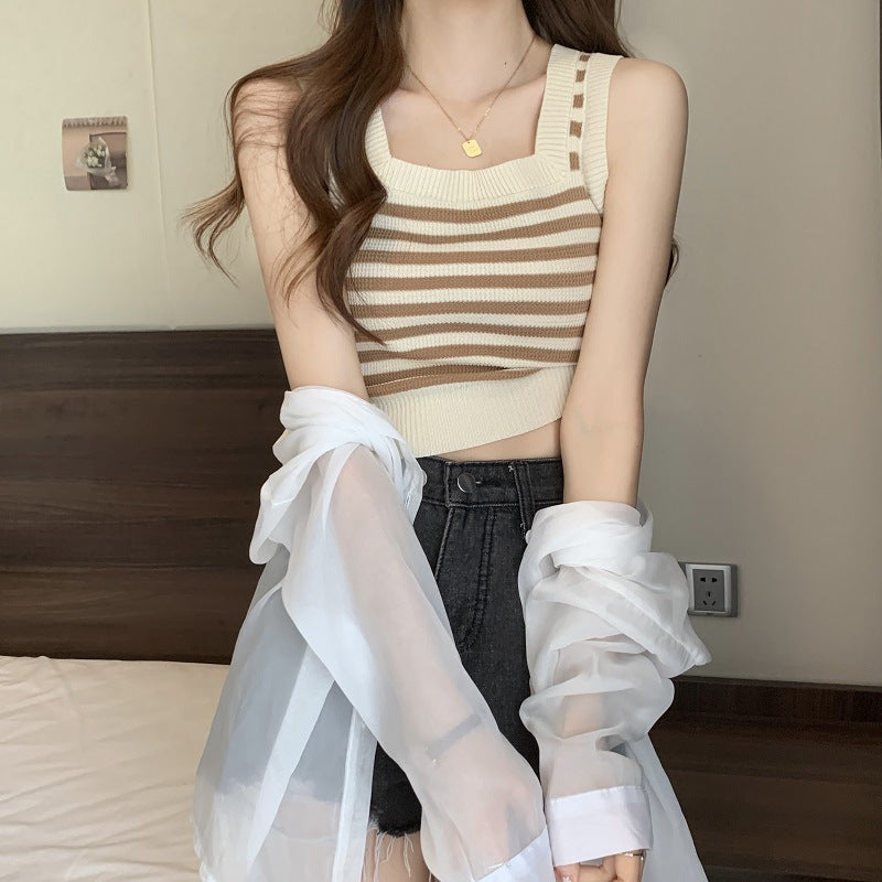 2025 summer small short Internet celebrity Spice Girls sleeveless knitted vest women's inner bottom small suspender top outer wear