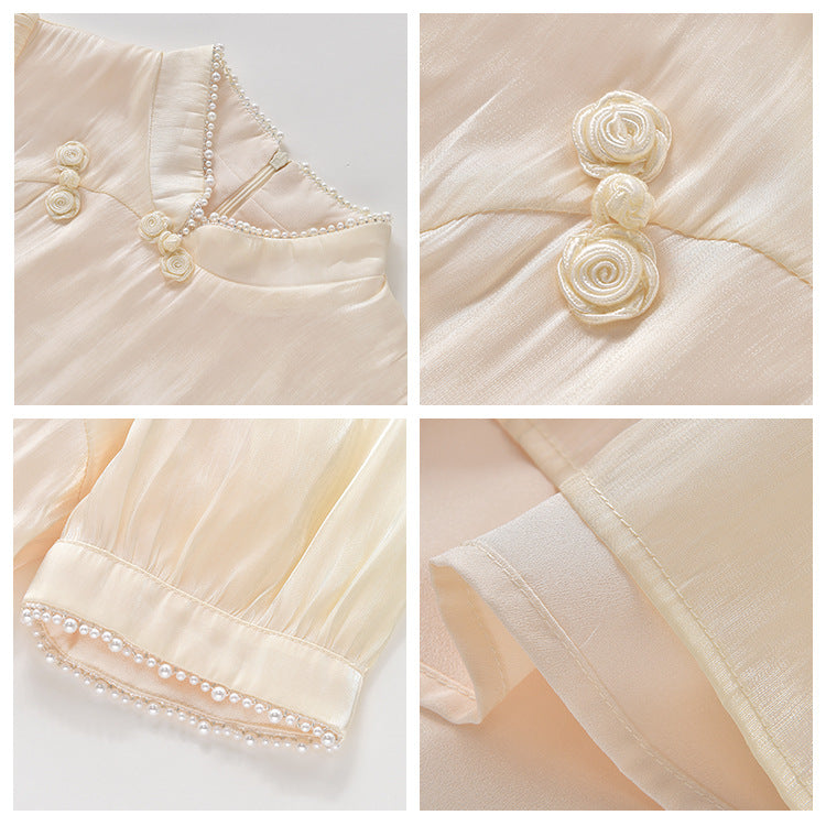 Retro niche design sense gentle wind white skirt medium and long waist improved version cheongsam dress women's summer