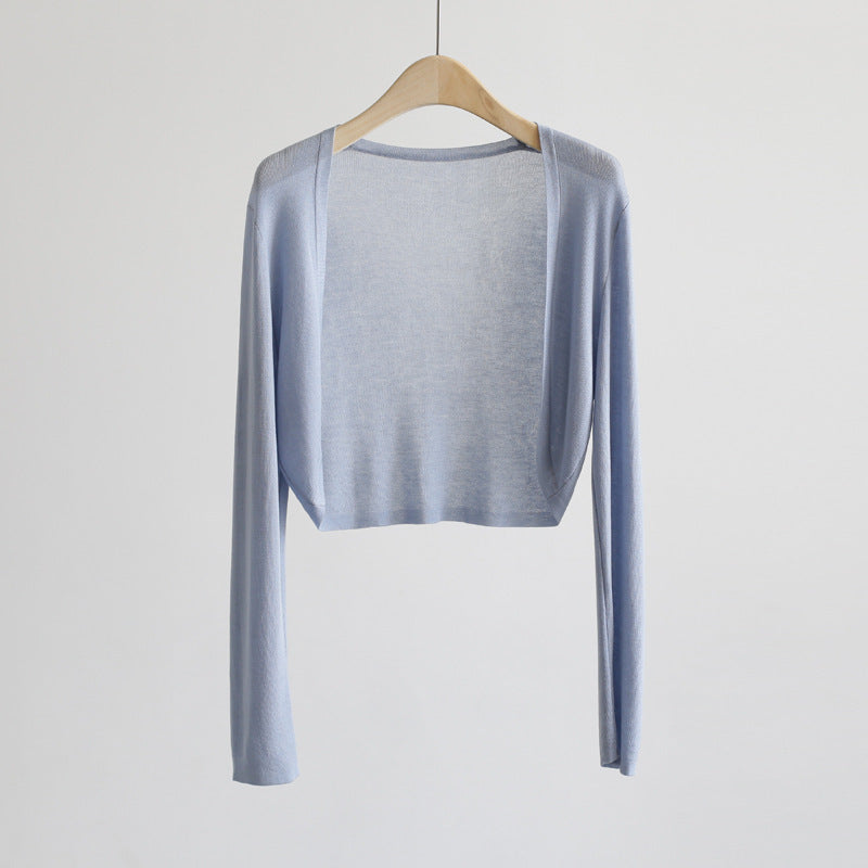 2025 summer ice silk cardigan long-sleeved buckle-free shawl ultra-thin knitted sunscreen shirt slim-fitting outer women's air-conditioning shirt collar
