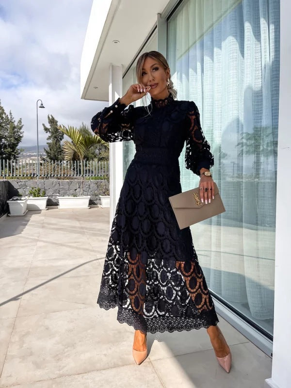 Spring New Style Lace Stand Collar Puff Sleeve Waist Slimming Dress Graceful European and American Long Dress