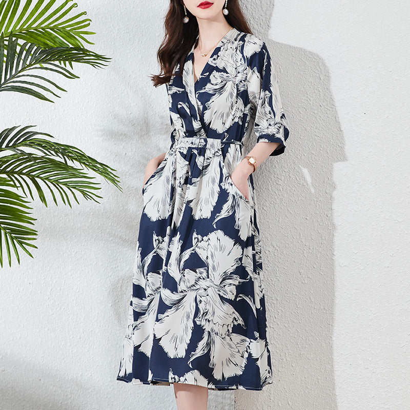 Silk Dress Women's Mulberry Silk Summer New High-End Temperament V-neck plus Size Floral Dress Women's High Sense