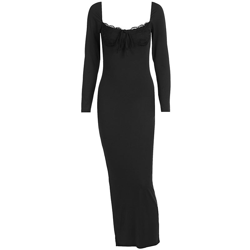 LOVECCR2025 style autumn and winter new women's clothing fashionable and sexy U-neck backless slim split hip wrap long-sleeved dress