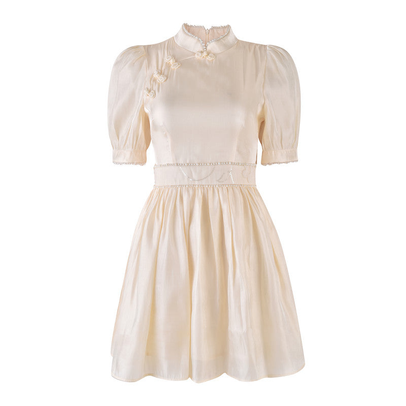 Retro niche design sense gentle wind white skirt medium and long waist improved version cheongsam dress women's summer