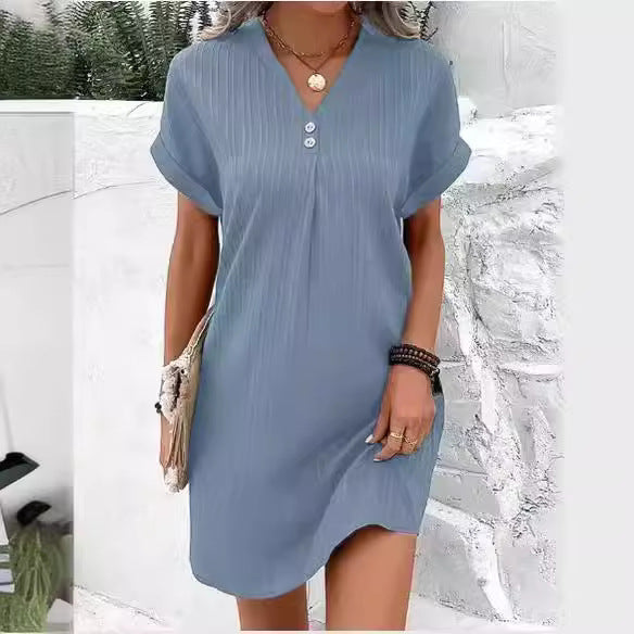 LOVECCR Cross-Border European and American Women's Clothing New Hot Sale V-neck Solid Color Pullover Leisure Button Dress in Stock