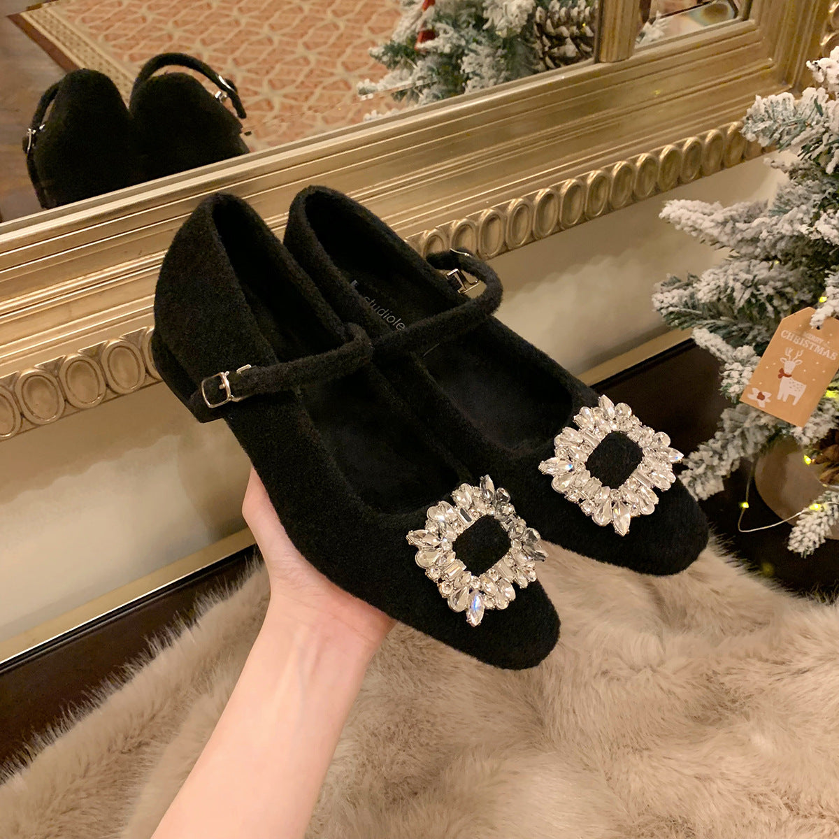 2025 2025 new autumn and winter velvet Mary Jane fluffy shoes thick heel high heel black square head rhinestone single shoes women's shoes