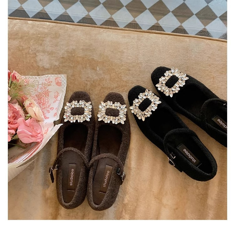 2025 2025 new autumn and winter velvet Mary Jane fluffy shoes thick heel high heel black square head rhinestone single shoes women's shoes