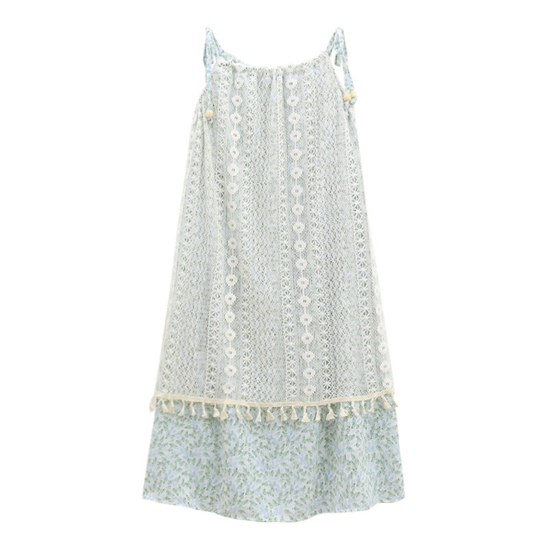 LOVERCCR Retro Tassel Splicing Sling Dress Female Spring New Sweet Vacation Style Temperament Slimming Long Dress