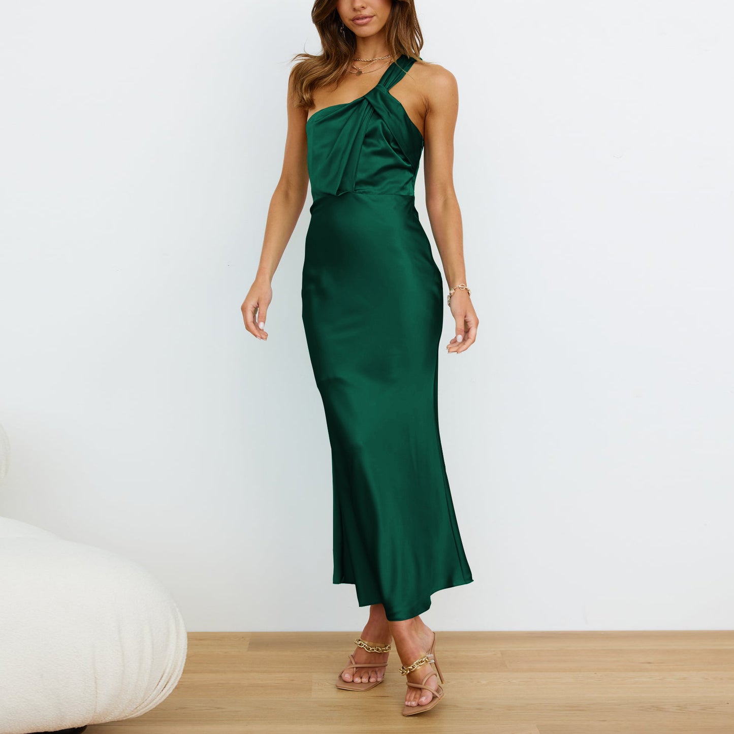 LOVERCCR Cross-Border New Acetate European and American Women's Clothing Elegant One-Shoulder Satin Toast Dress Bridesmaid Dress Slim Fit Dress