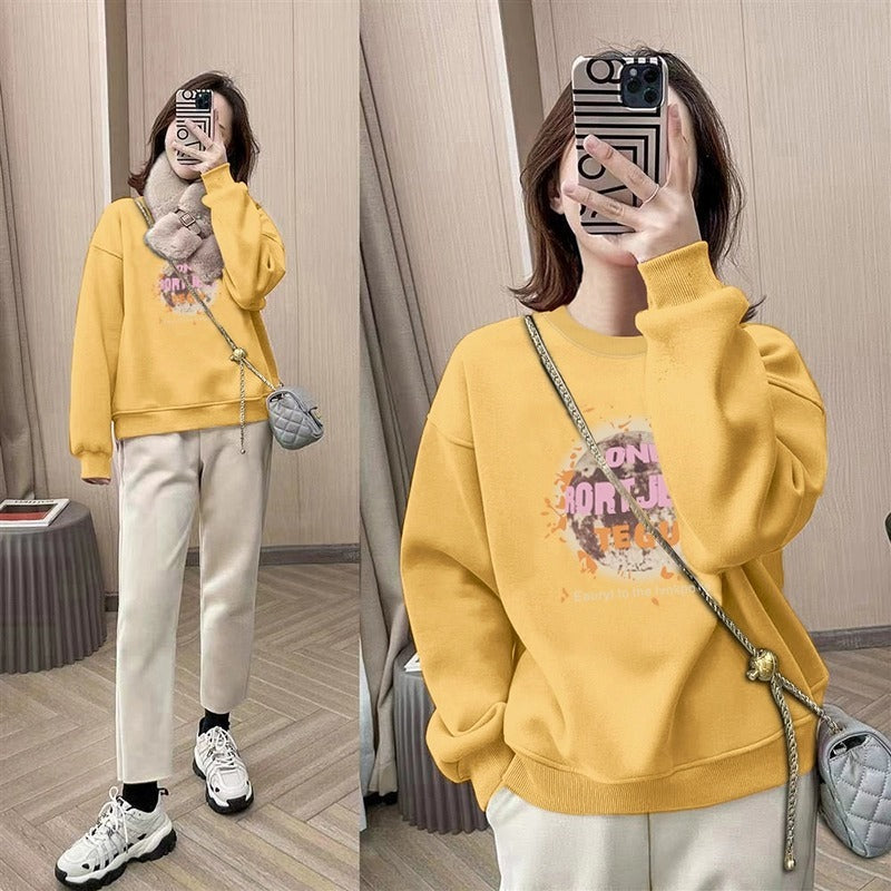 spring and autumn Korean version of fashion small round neck pullover fleece sweater long sleeve loose tide ins style top