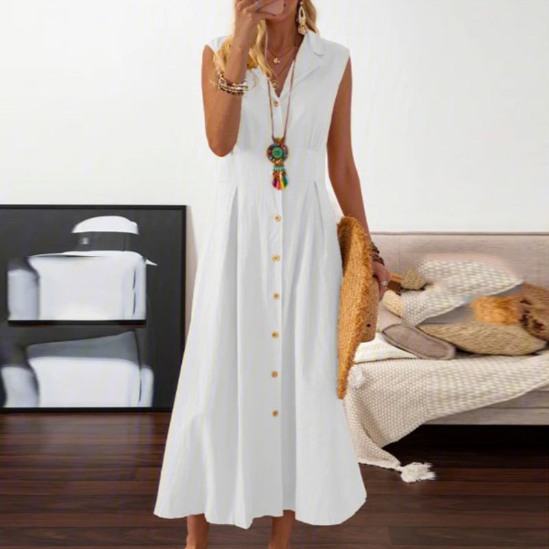 LOVECCR European American Summer New Skirt Lapel Women's A- line Vintage Cotton Linen Long Dress