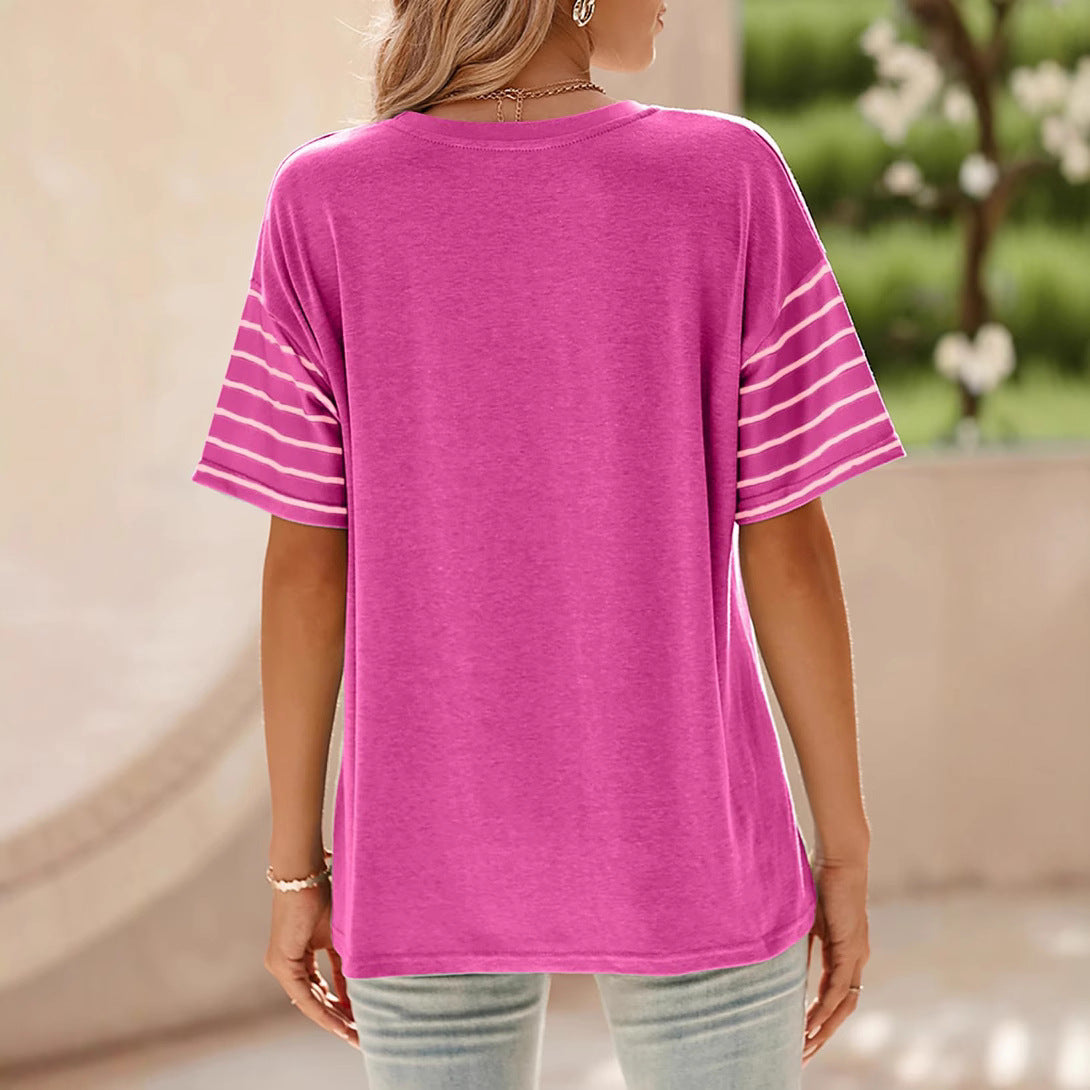 2025 Popular, , New women's clothing spring and summer new pullover round neck casual striped contrasting color short-sleeved t-shirt women