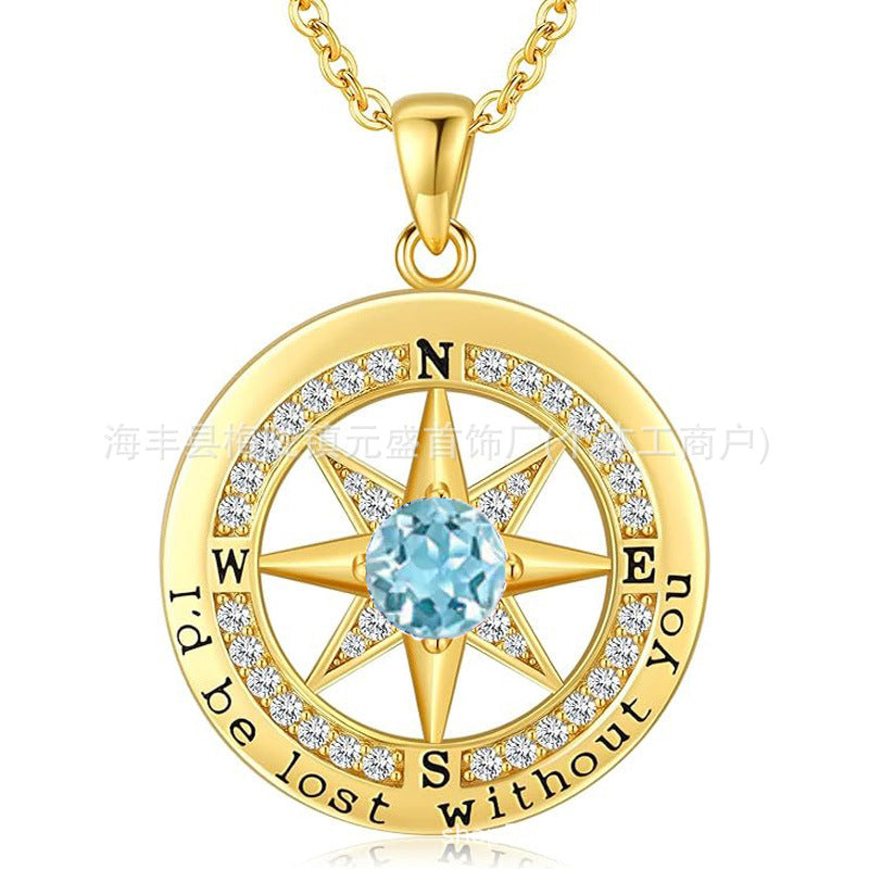 HOT and NEW Cross Border S925 Sterling Silver Compass Compass Necklace Female Twelve Birthstone Pendant Clavicle Chain