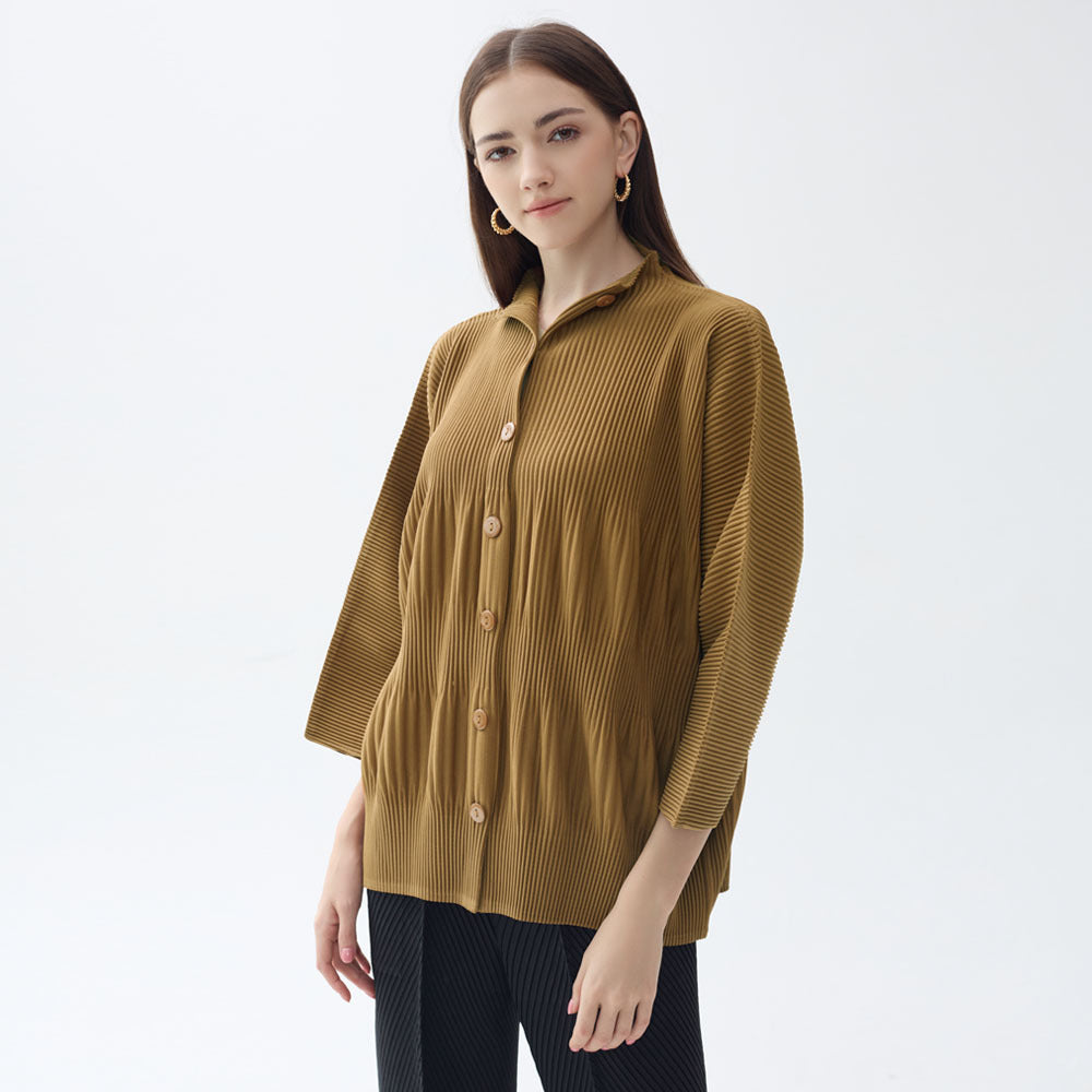 spring new thickened single-breasted shirt women's solid color pleated loose casual style with long-sleeved top