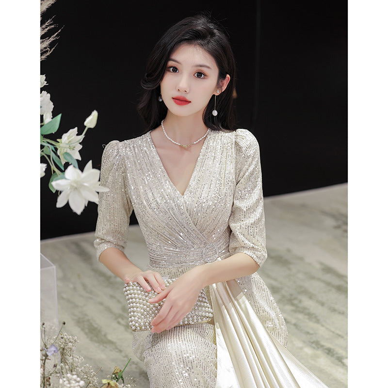LOVECCR Champagne Evening Dress for Women New High-End Temperament Light Luxury Minority Banquet Host Fishtail Dress Sequins