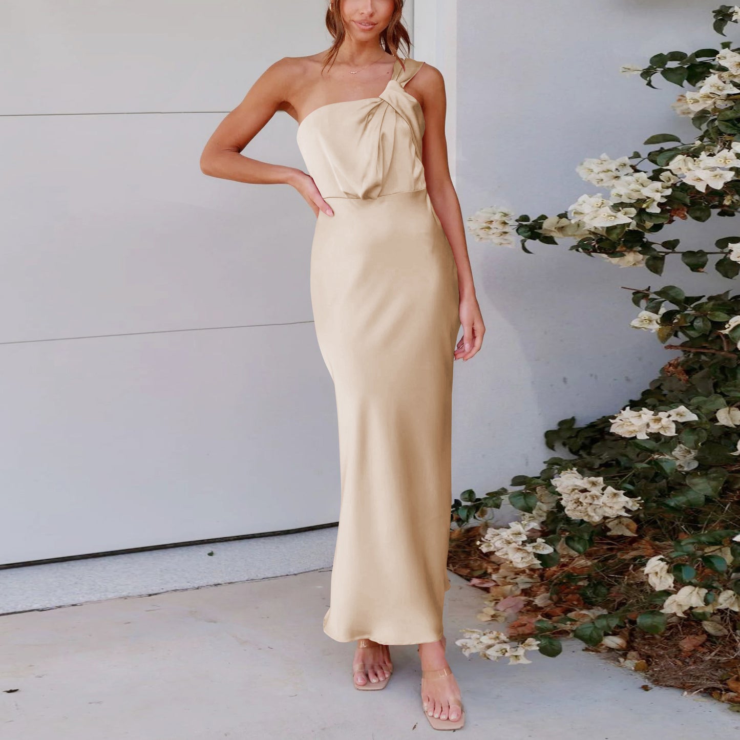 LOVERCCR Cross-Border New Acetate European and American Women's Clothing Elegant One-Shoulder Satin Toast Dress Bridesmaid Dress Slim Fit Dress