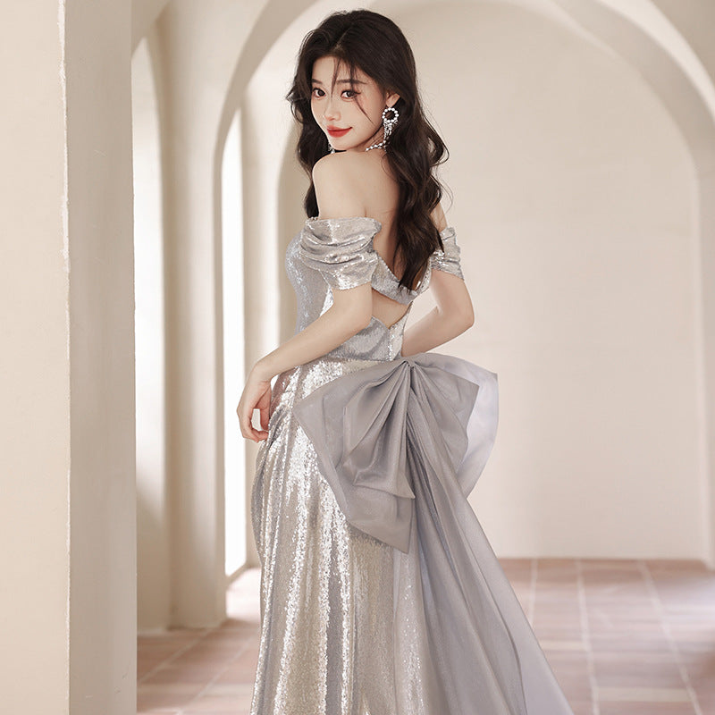 LOVERCCR off-Shoulder Evening Dress for Women New High-Grade Spring and Autumn High-End Temperament Annual Meeting Host Dress Noble Sexy