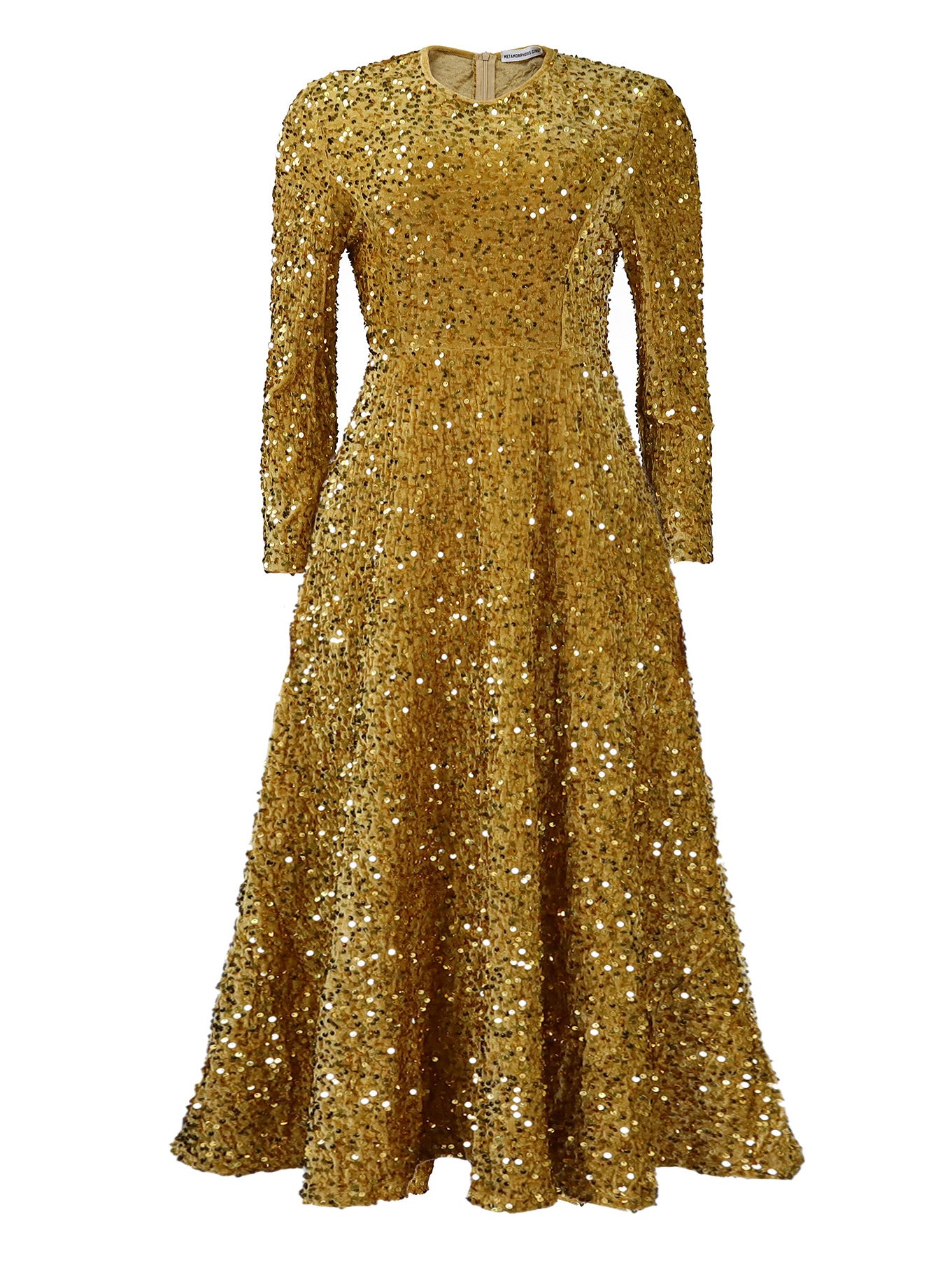 LOVERCCR D469 Cross-Border New Arrival Women's round Neck Long Sleeve Pure Color Sequins High Waist Temperament Mid-Length Formal Dress European and American Style Dress