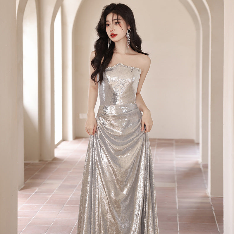 LOVERCCR off-Shoulder Evening Dress for Women New High-Grade Spring and Autumn High-End Temperament Annual Meeting Host Dress Noble Sexy