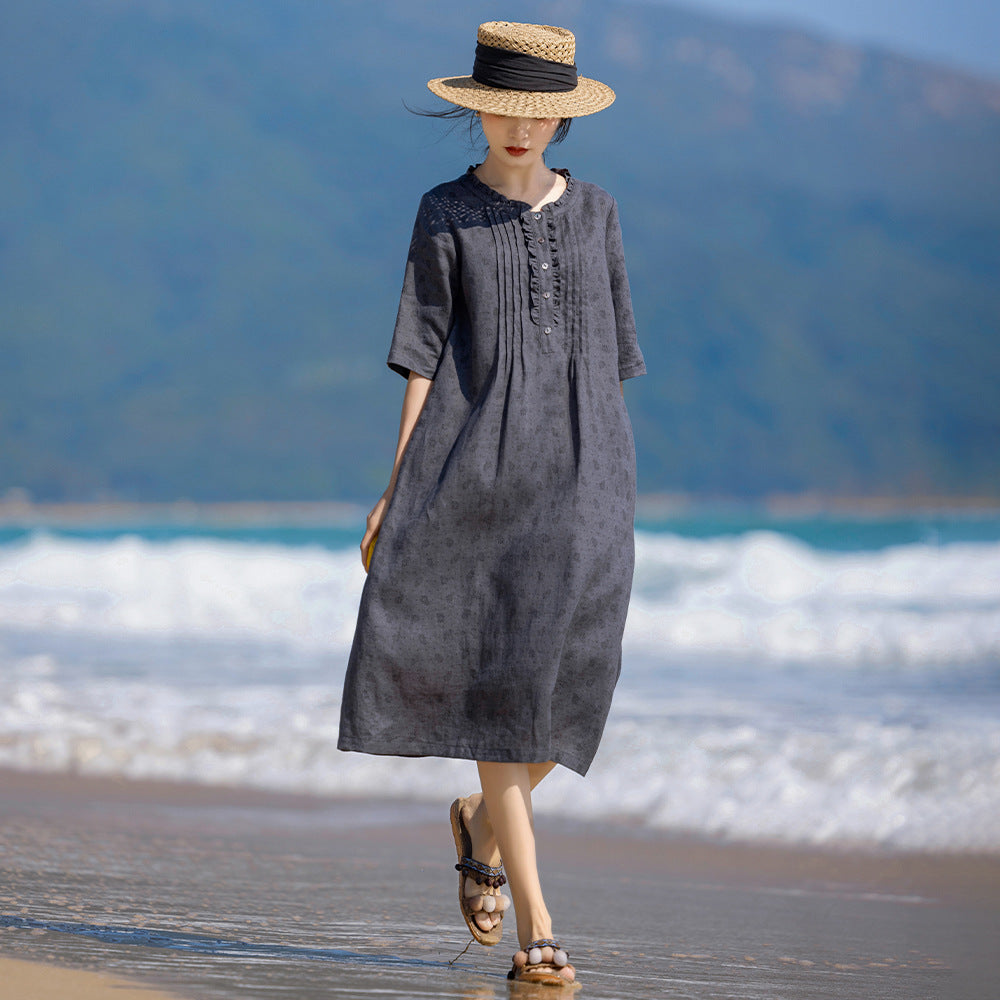 Linen Floral Dress Vintage Lacework round-Neck Organ Pleated Middle-Sleeve Floral-Print A- line Skirt 24 Spring and Summer Original New
