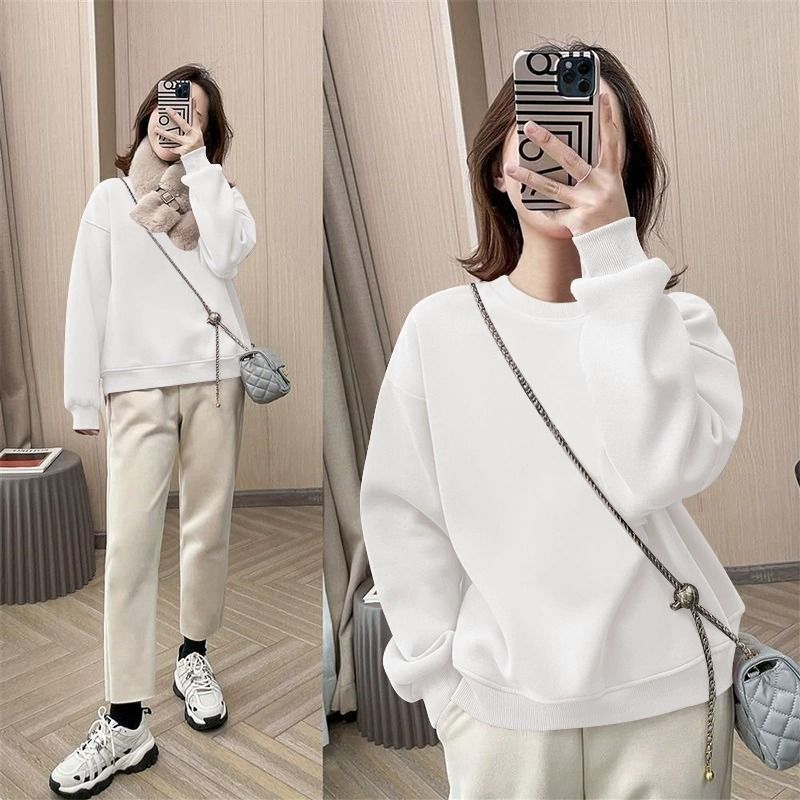spring and autumn new Korean version of burgundy thin sweater women's pullover round neck printing loose long-sleeved top and clothing