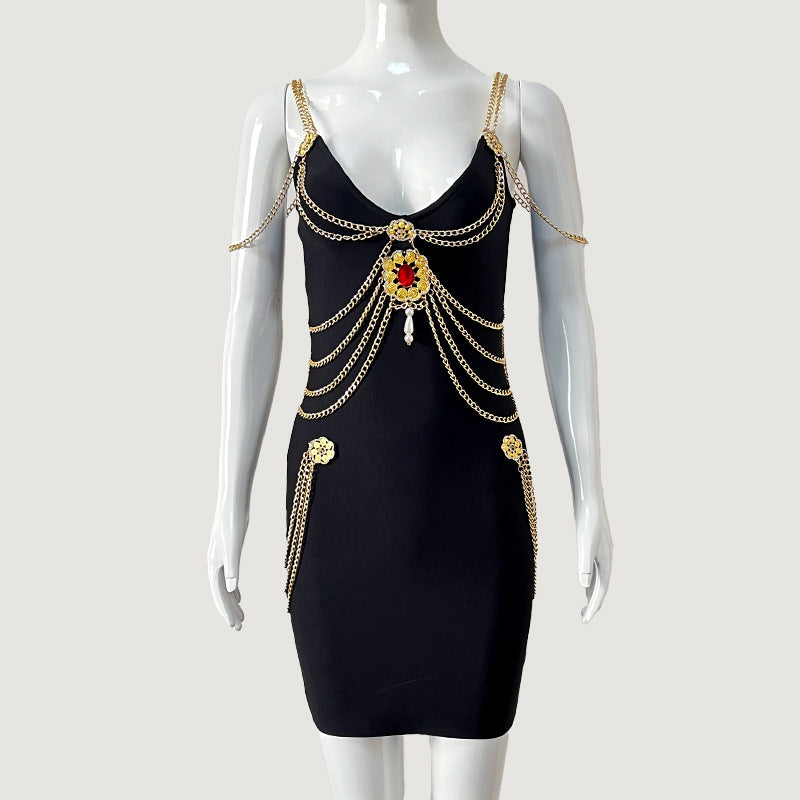 LOVECCR European and American Tide Brand Women's Clothing Dress High Quality Heavy Industry Gold Chain Sexy Bandage Evening Dress