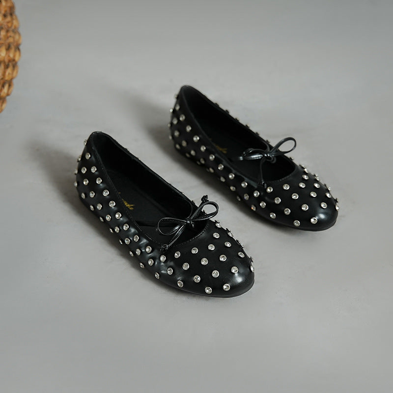 2025 Sheepskin version~ ins style new retro round head versatile one-pedal commuting loafers temperament rhinestone flat shoes