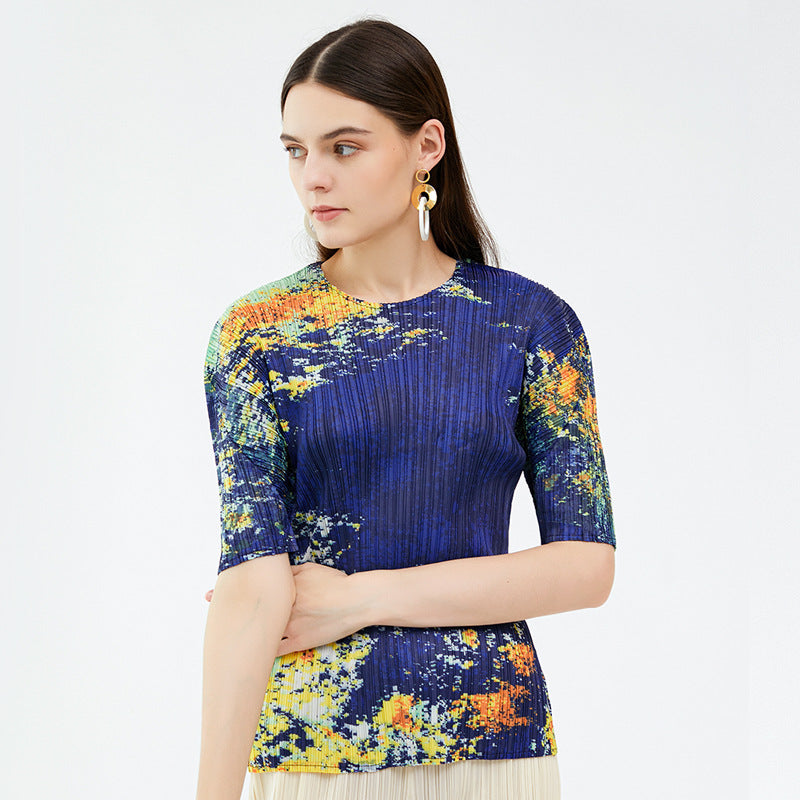 Casual style summer new niche starry sky printed top crew neck versatile t-shirt women's summer pleated bottoming shirt