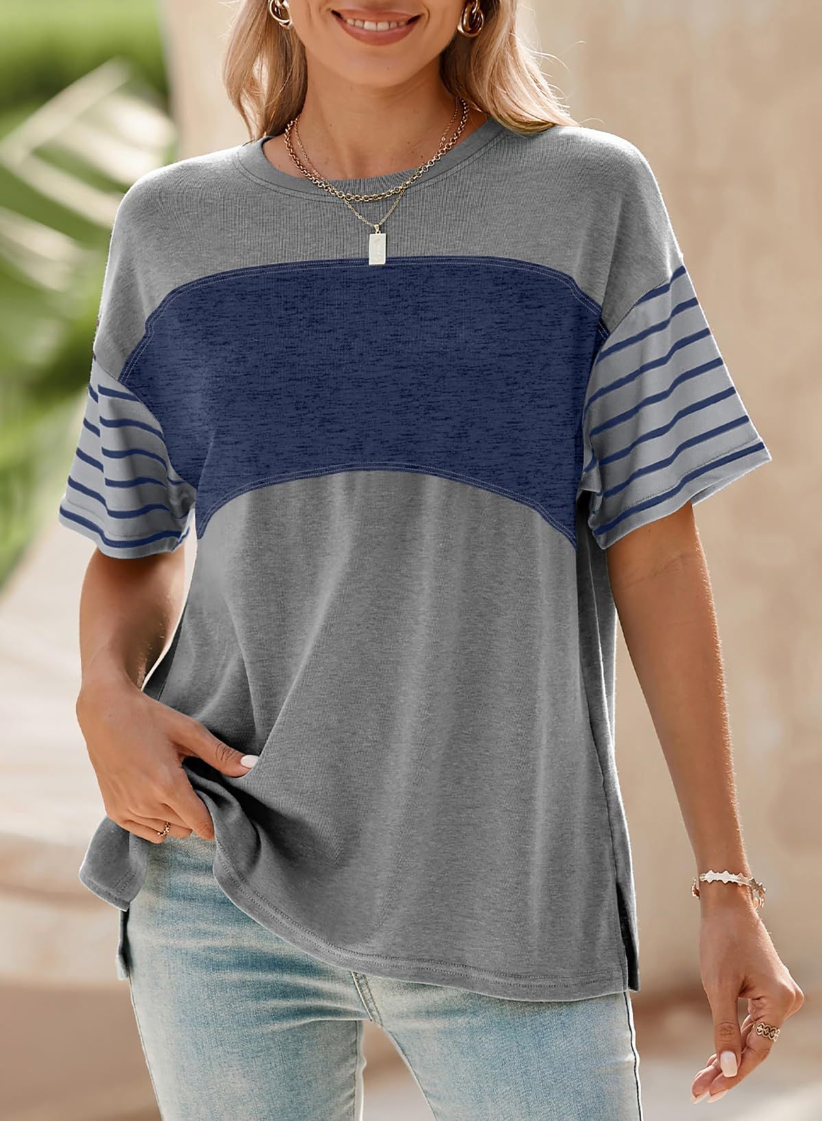 2025 Popular, , New women's clothing spring and summer new pullover round neck casual striped contrasting color short-sleeved t-shirt women