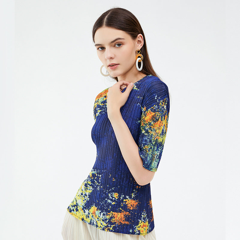 Casual style summer new niche starry sky printed top crew neck versatile t-shirt women's summer pleated bottoming shirt