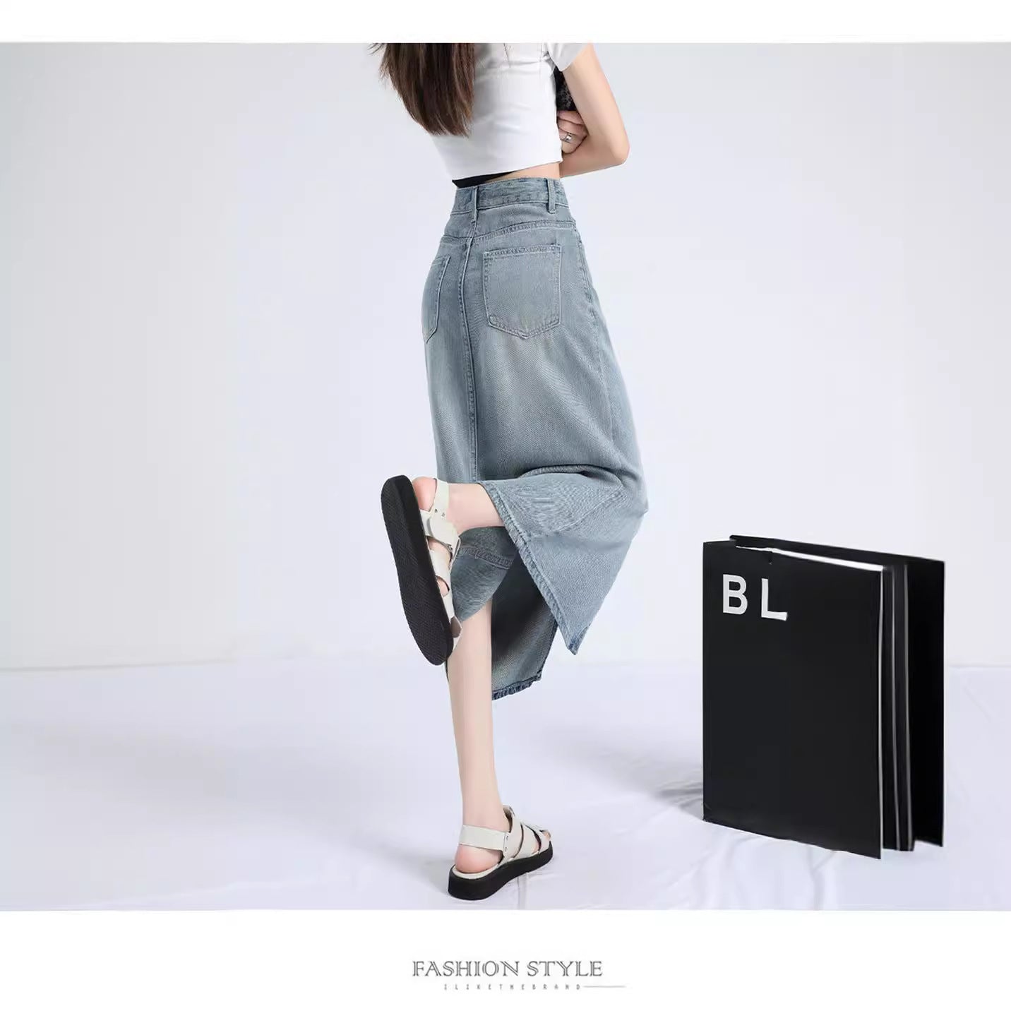 Lyocell Denim Skirt Women's Summer Thin High Waist Loose Split Ice Silk A- line Medium Long Sheath Skirt
