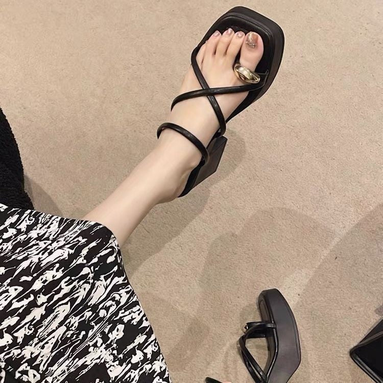 loveccr Chunky Heel High Heel Cross Toe Covering Sandals Women's Summer Outdoor Wear New Internet Celebrity Super Hot High-Grade Small