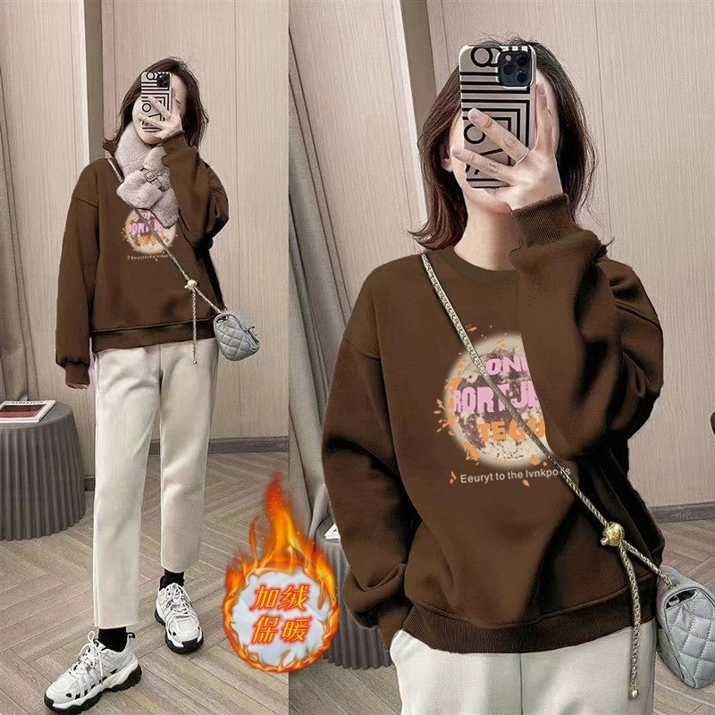 spring and autumn Korean version of fashion small round neck pullover fleece sweater long sleeve loose tide ins style top