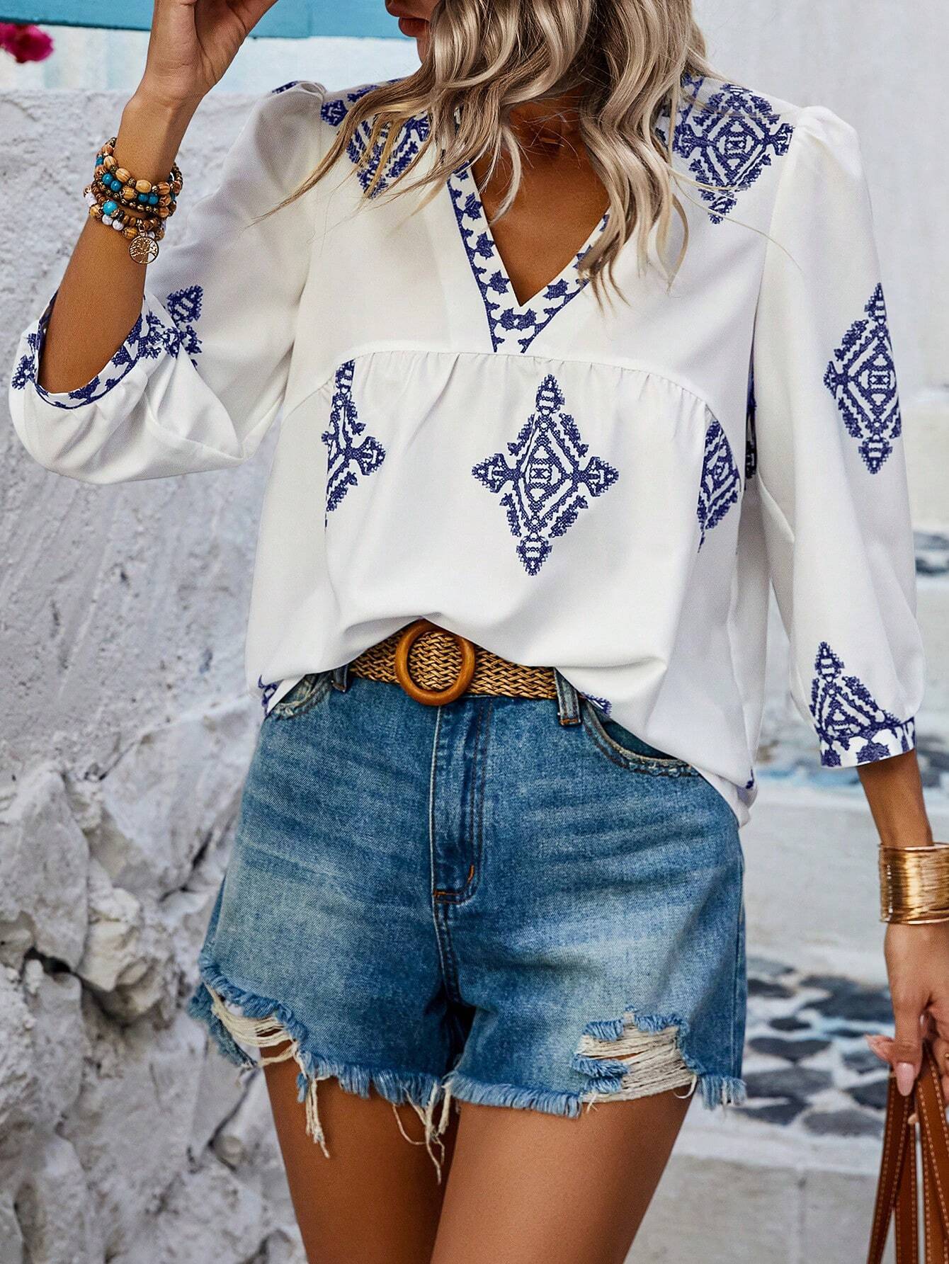 2025 Popular, , New women's clothing summer new fashion printed bag seven-quarter sleeve V-neck women's top