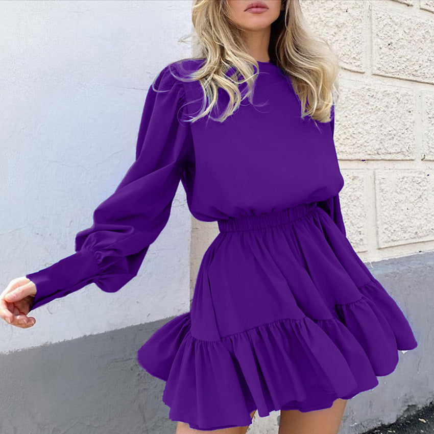 2025 autumn and winter new medium and long skirts, lantern sleeves, waist temperament commuting retro long-sleeved dresses, women