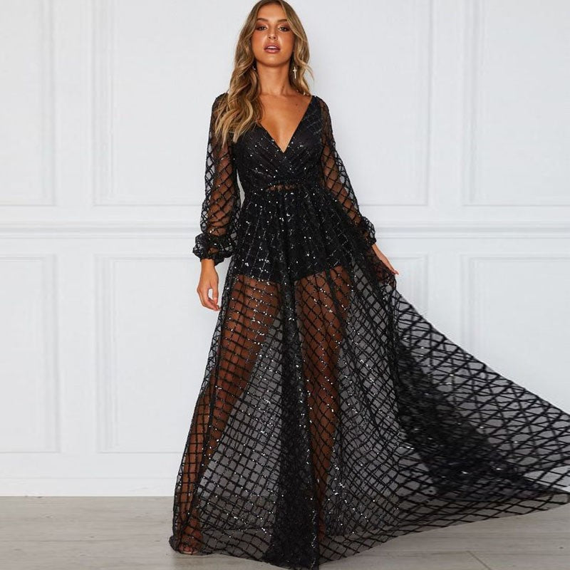 2025 New summer new 2025 women's clothing sexy V-neck backless dress sequined mesh evening dress, long dress