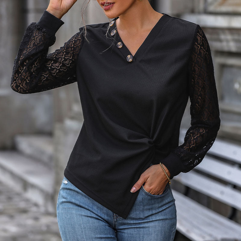 LOVECCR 2025 women's clothing Hot autumn button V-neck women's T-shirt lace splicing long-sleeved knitted top