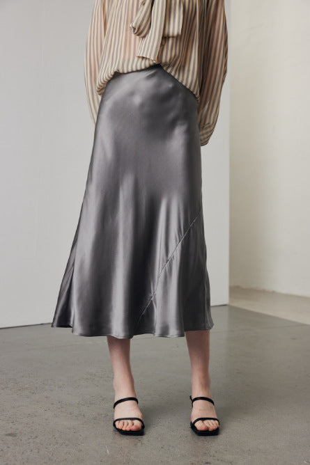 Silk Skirt Female Spring and Summer New Solid Color Commute Stretch Satin a Version Small Satin Mulberry Silk Skirt