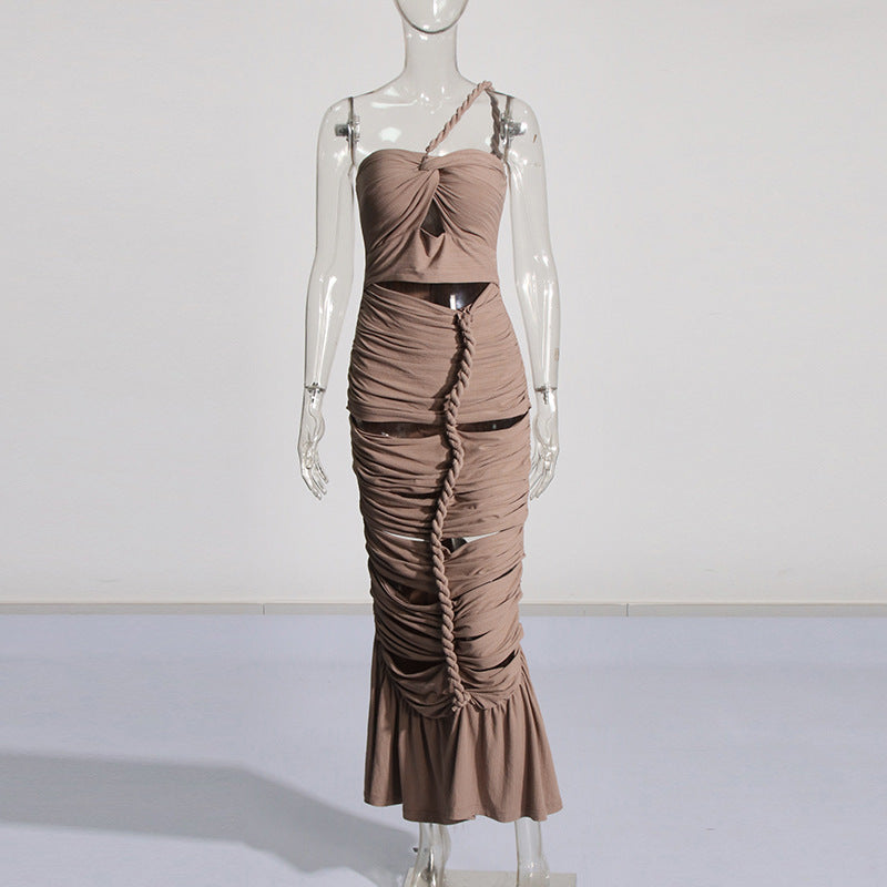 LOVERCCR Summer New One-Shoulder Hollow Design Twist Pleated Slim Slimming Bandage One-Piece Dress Women's Formal Dress