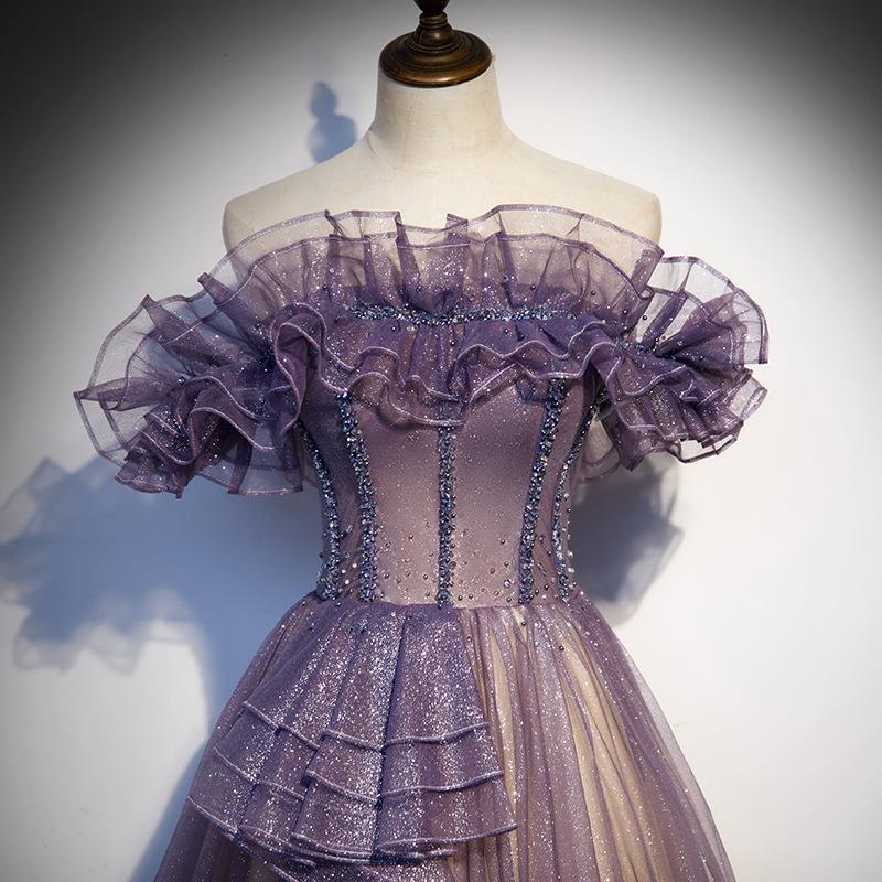 LOVECCR Purple Evening Dress New Summer Women's off-Shoulder Elegant Graceful Long Chorus Costume Dress