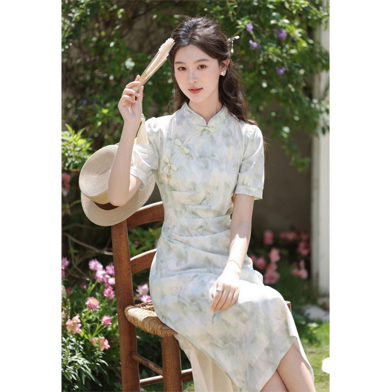 LOVECCR Fresh Style Green Floating New Chinese Style Light Green Short Sleeve Dress Ancient Style Tight Waist Niche Elegant Thin Fresh Cold Style Cheongsam
