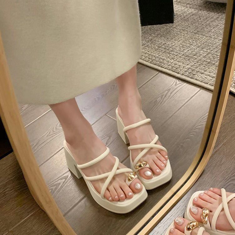 loveccr Chunky Heel High Heel Cross Toe Covering Sandals Women's Summer Outdoor Wear New Internet Celebrity Super Hot High-Grade Small