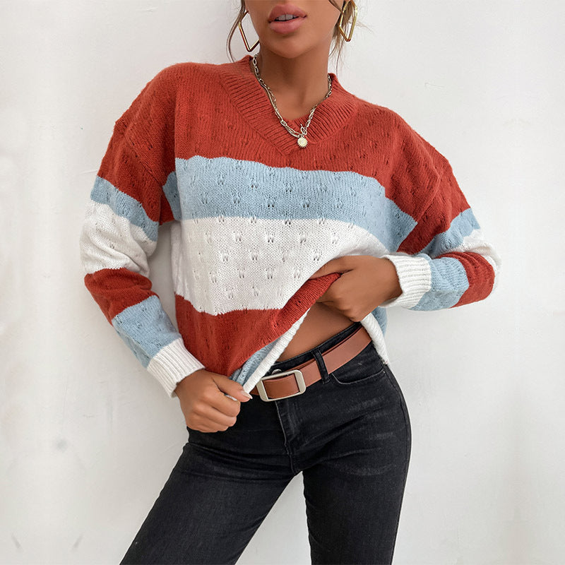 LOVECCR New Hot Trade popular Spring and Autumn New Long Sleeve V-Neck Pullover Striped Color Matching Knitted Sweater