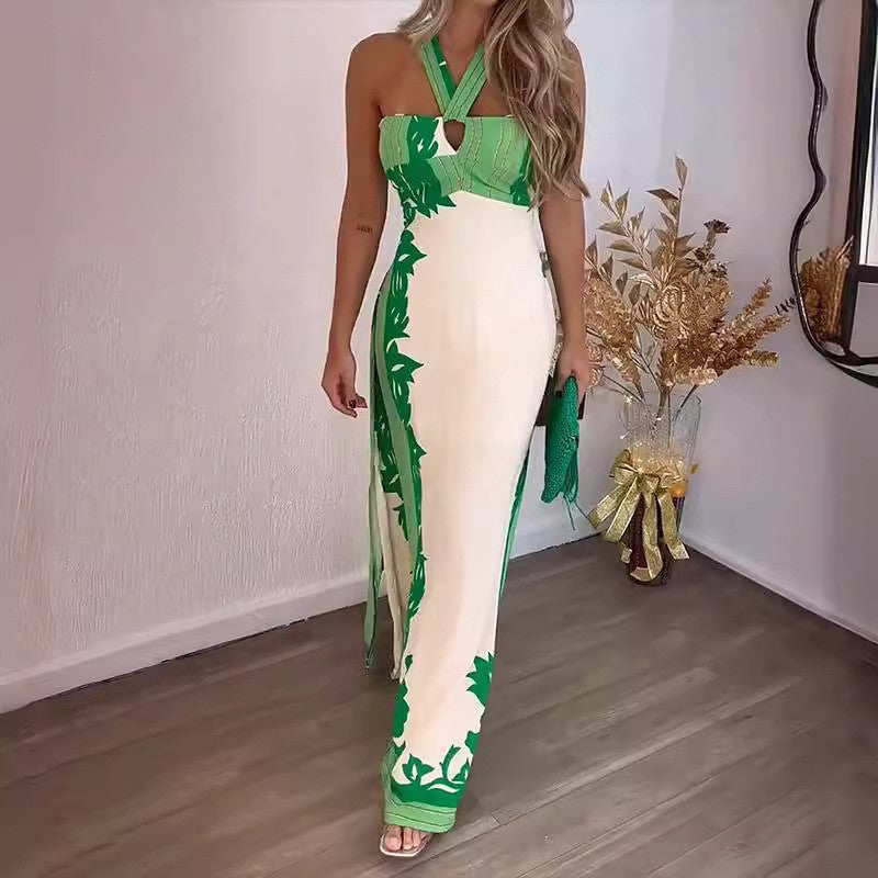 2025 summer New new 2025 neck sexy color matching fashion vacation beach long printing dress women's clothing