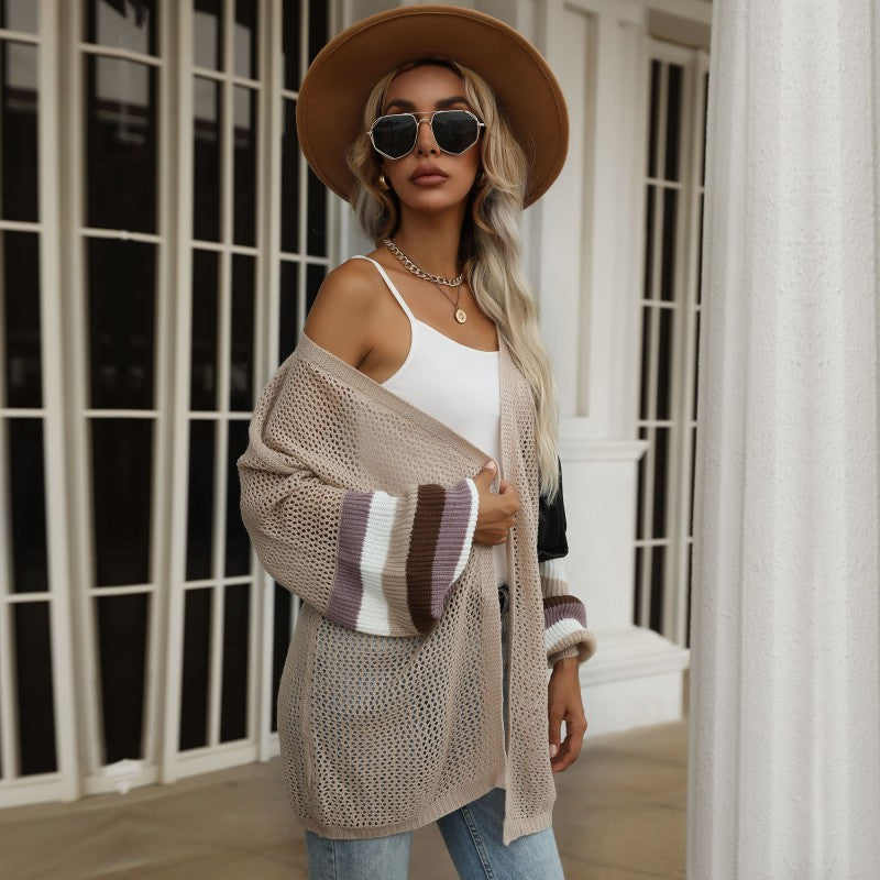 LOVECCR Strictly selected Hot autumn 2025 medium and long contrasting color loose sweater knitted cardigan thin coat women