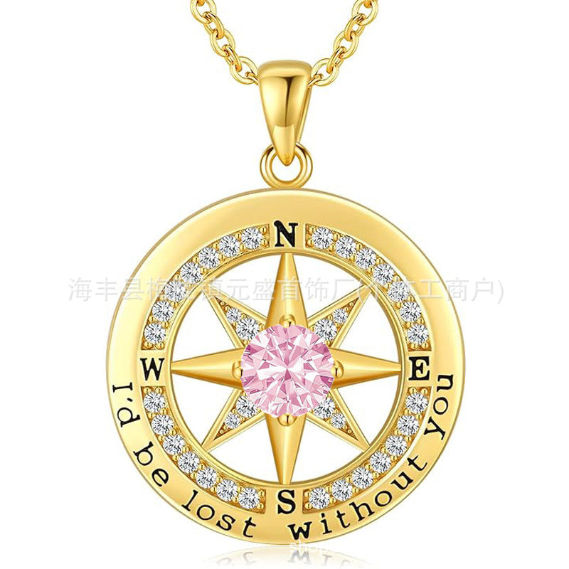 HOT and NEW Cross Border S925 Sterling Silver Compass Compass Necklace Female Twelve Birthstone Pendant Clavicle Chain